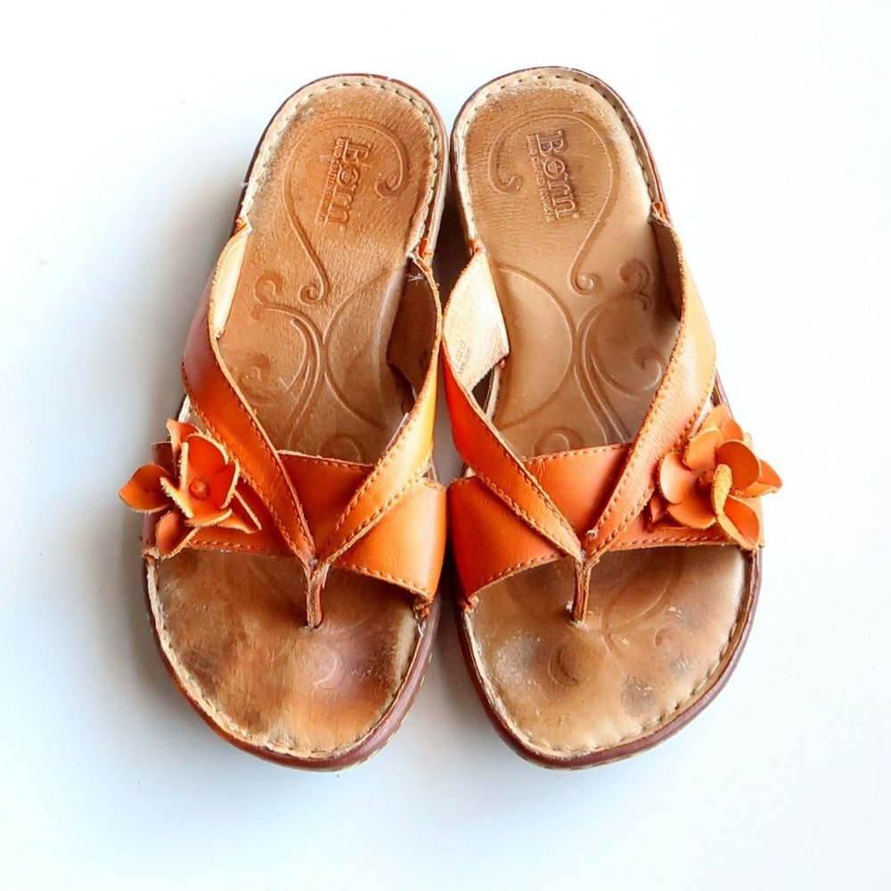 Born Orange Leather Thong Slides Flip-flops Flat Summer Shoes Sandals 8